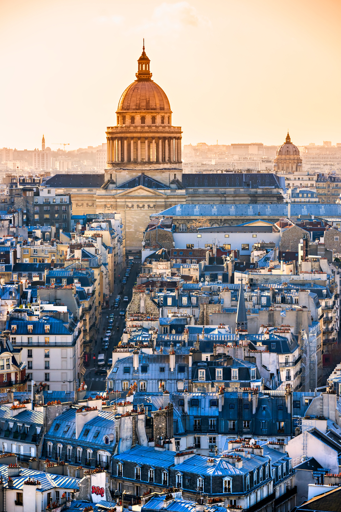 The Pantheon building with gold dome is overlooking the Latin Quarter buildings