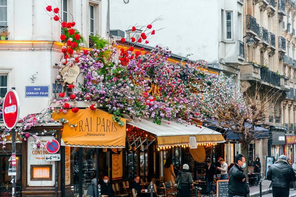 One of the restaurants Vrai Paris, all decorated with flowers 