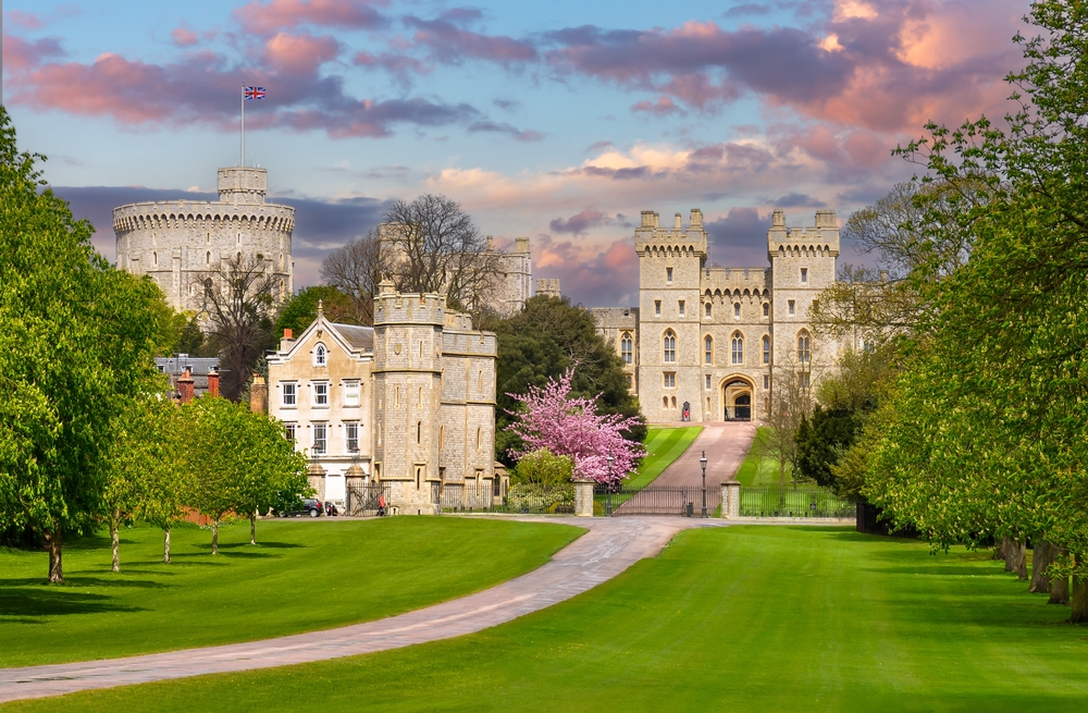 Windsor Castle in Windsor Park with a huge green lawn and a cherry tree. It's at sunset.  