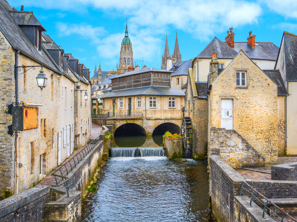 Scenic view in Bayeux. There is a river with houses around the river it is one of the small towns in France.  