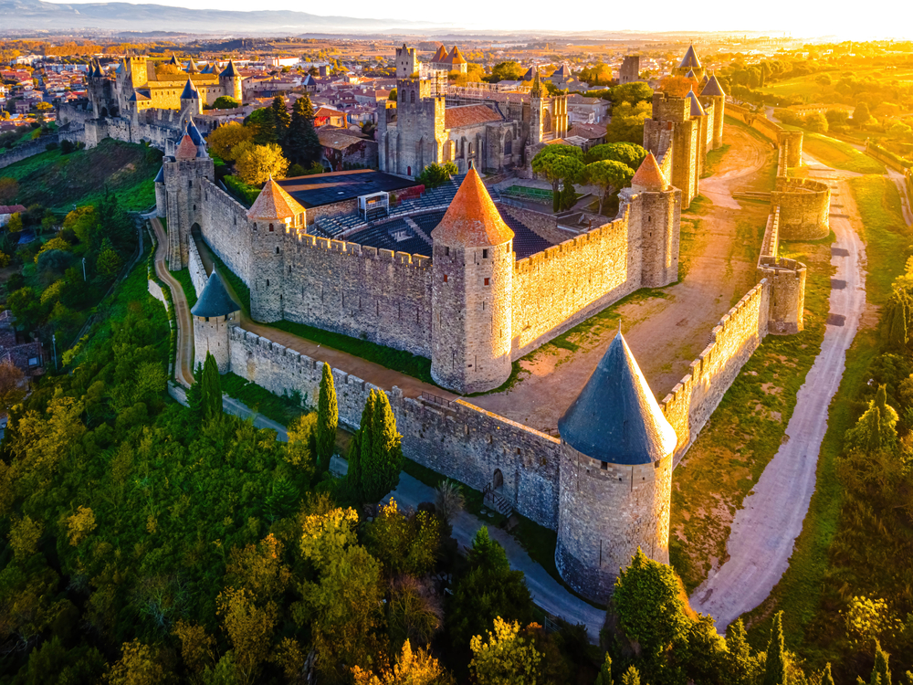 Aerial view of Carcassonne, a French fortified small town. You can see all the wallks and the city within them. 