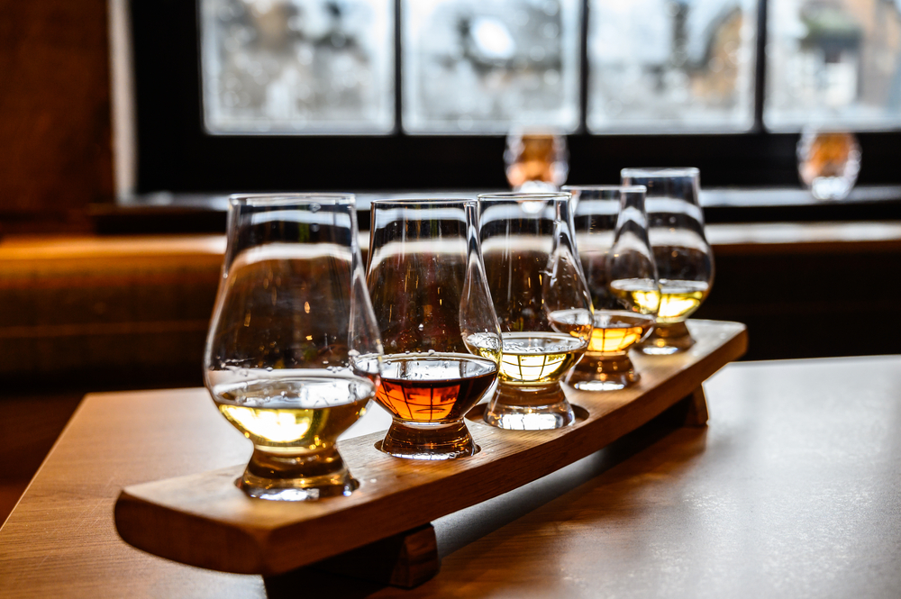 A flight of whiskey at one of the restaurants in Edinurgh