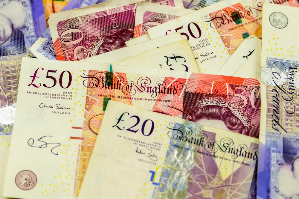 An assortment of British sterling pound bills