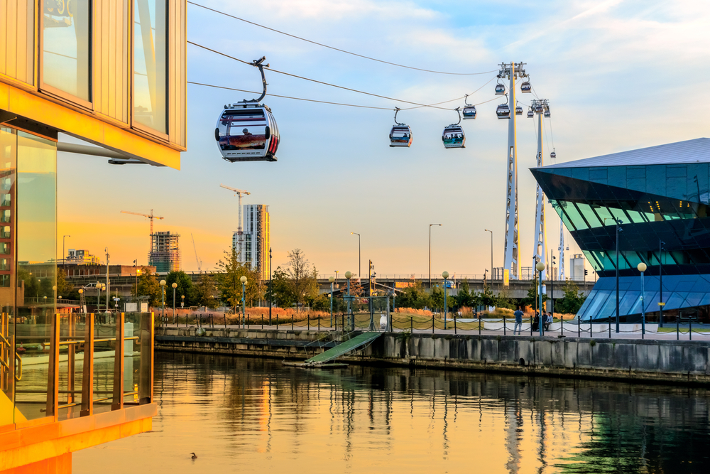 The cable car above the 02 area in the docklands area of london