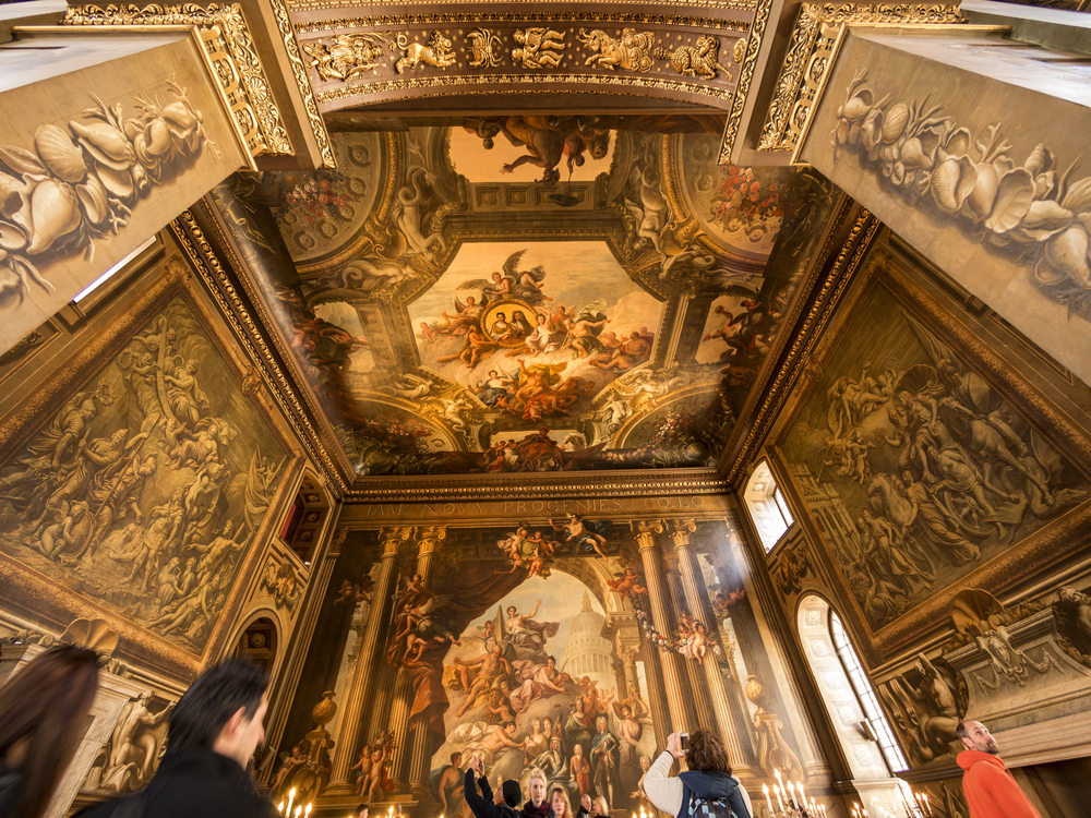 the stunning painted hall in the Old Royal Naval college has over 200 paintings on walls and ceiling