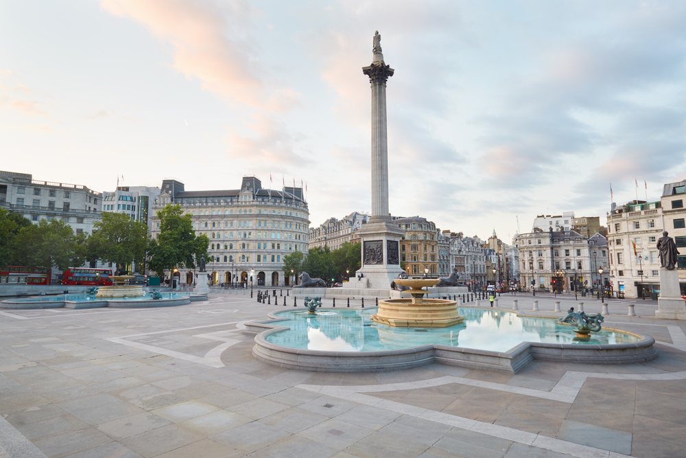 Trafalgar square with its statues and fountains is a pedestrian-only area in London