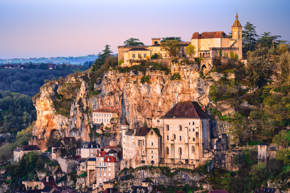 Dusk over the hilltop town of Rocamadour in France.