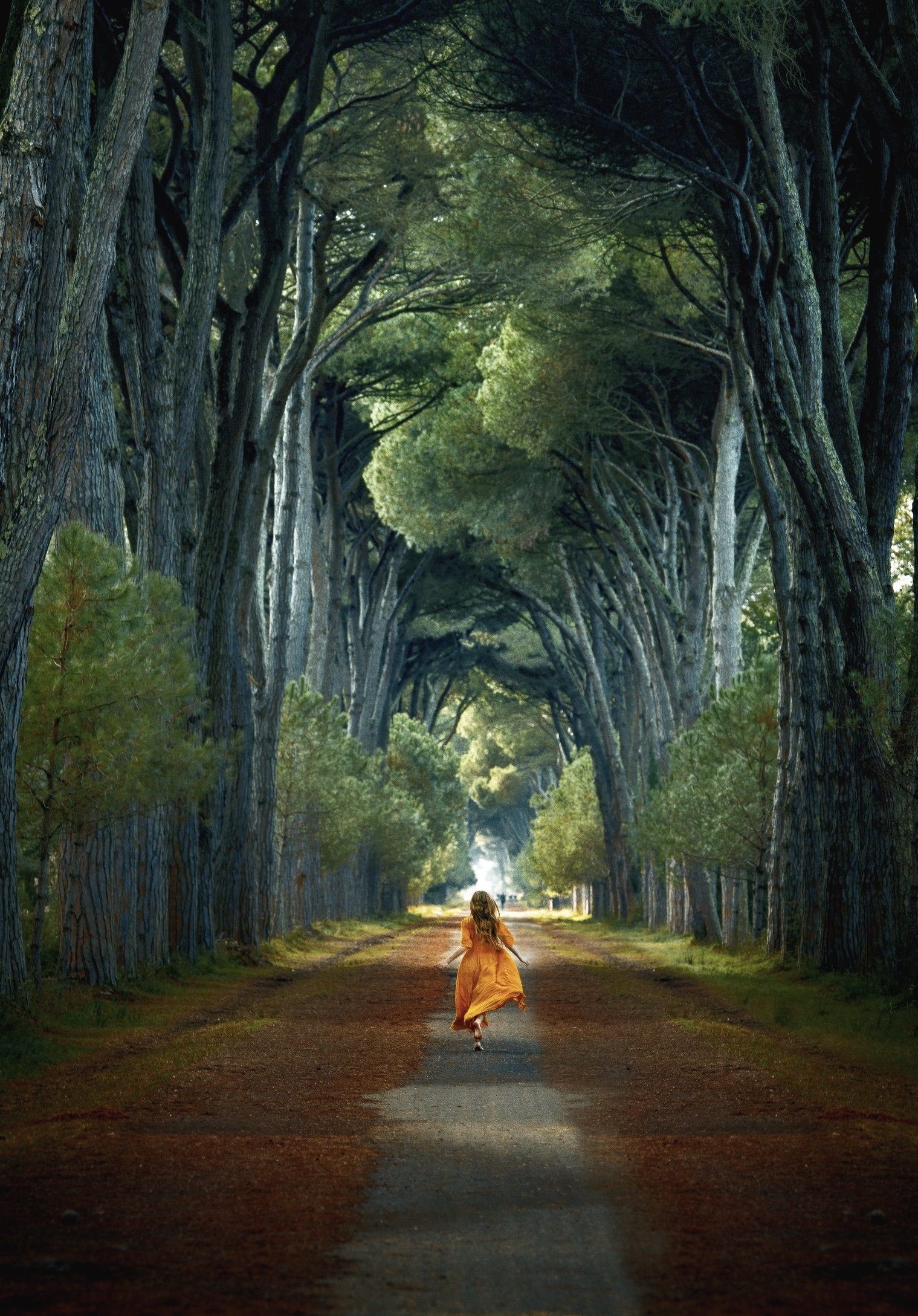 Girl in a yellow dress runnign up the tunnel of trees. 