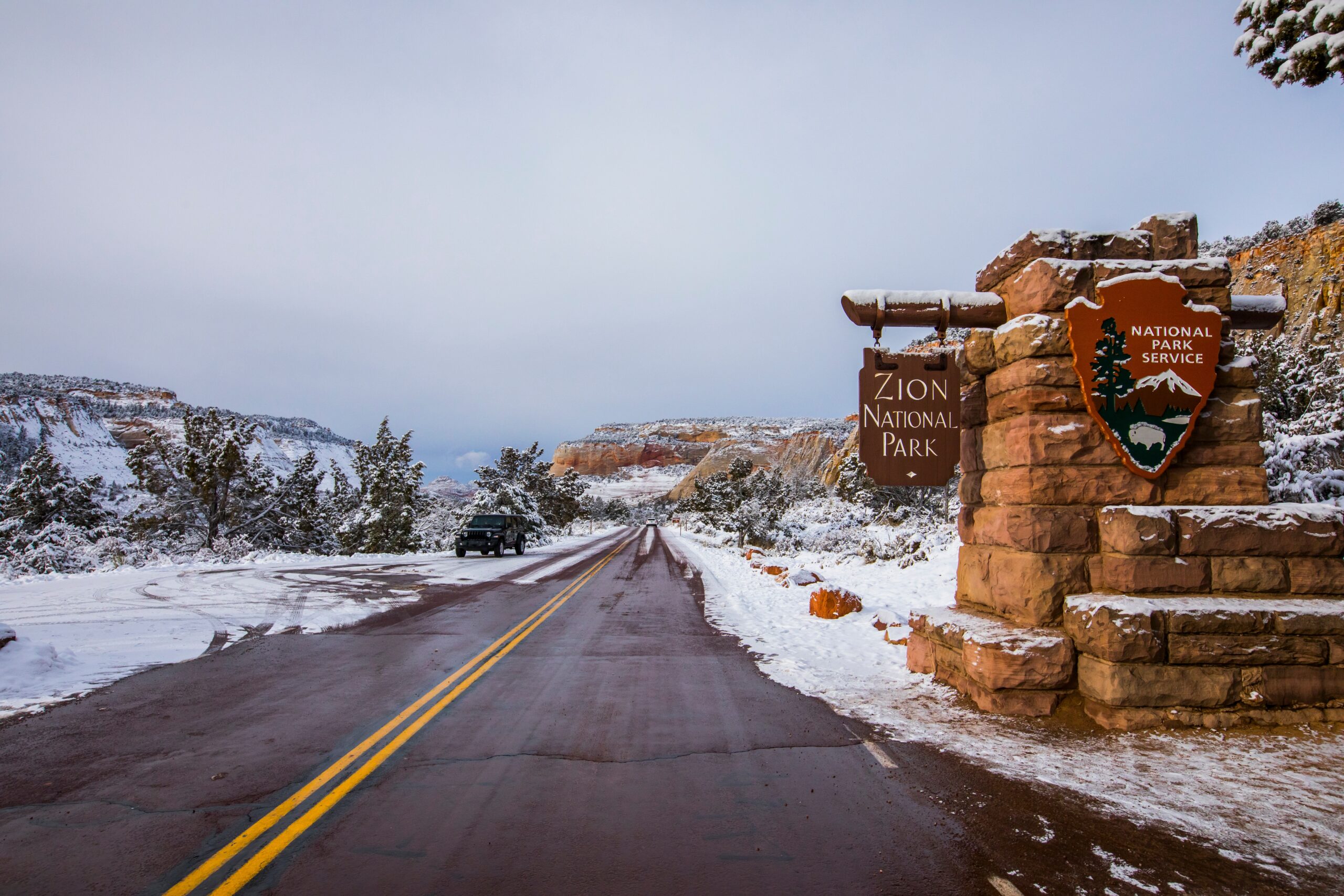 View of the entrance of Zion National Park in the snow 