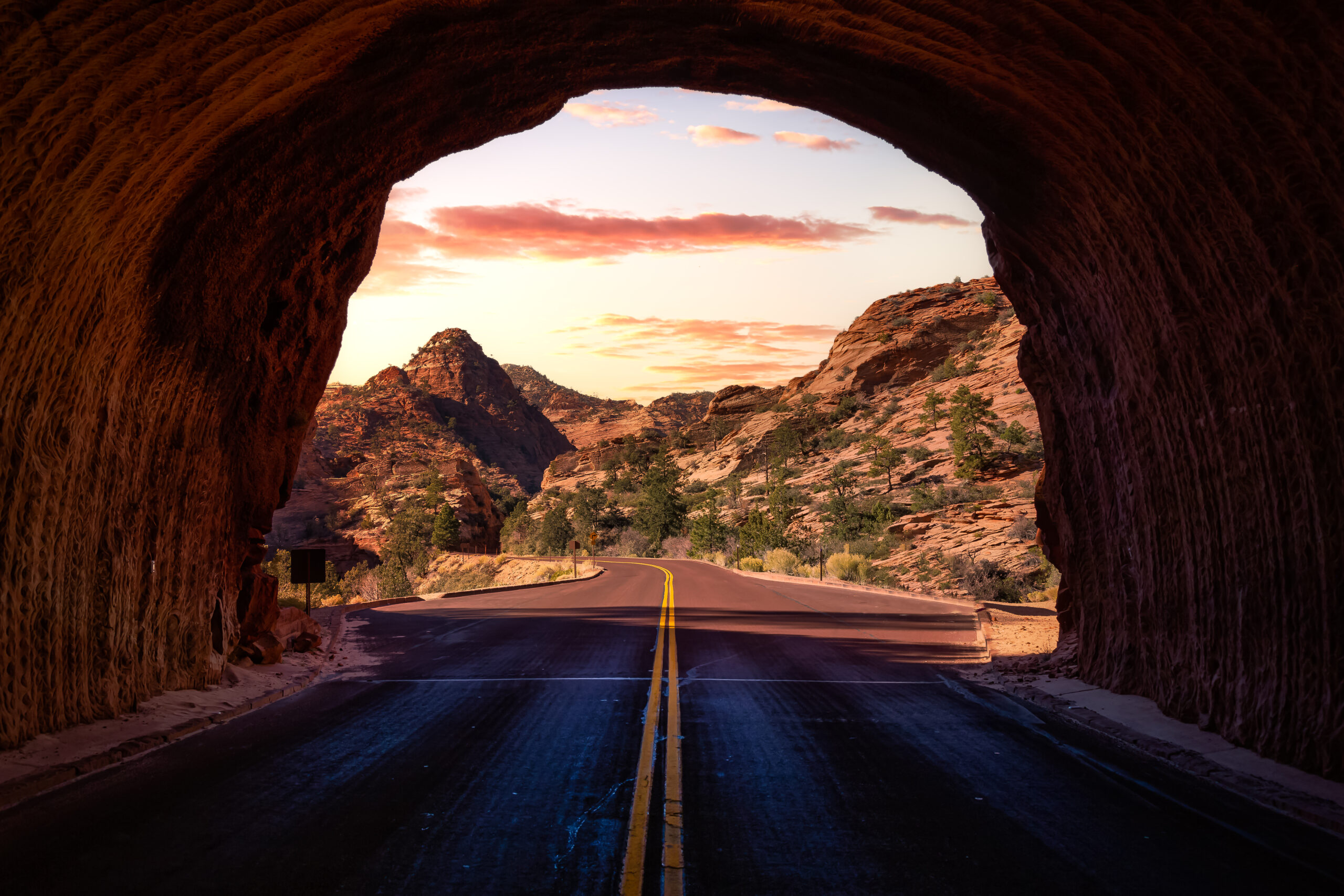 Beautiful view of Zion National park emerging from a tunnel 