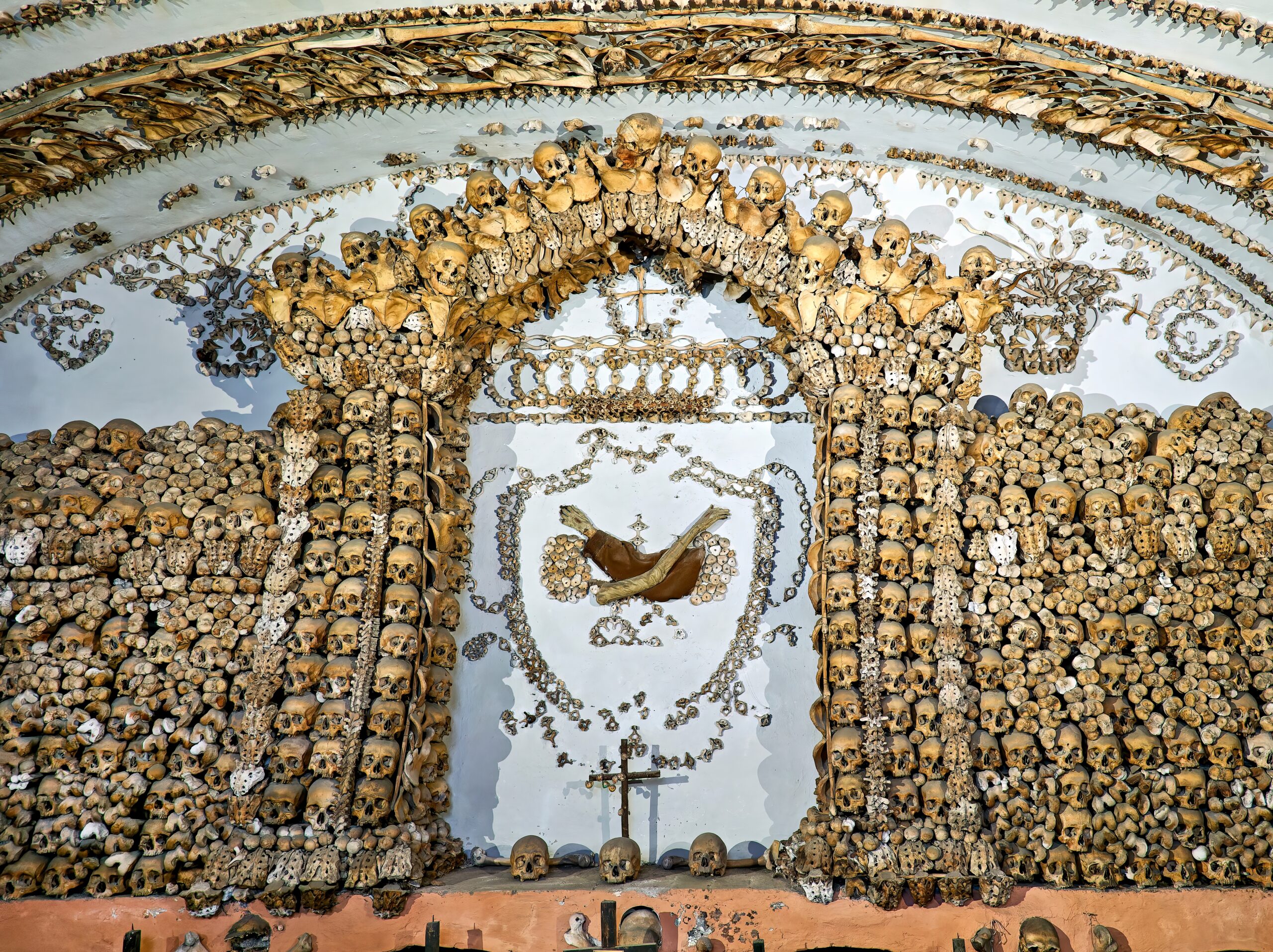 View of the eerie bone decorations inside the Capuchin Crypt in Rome