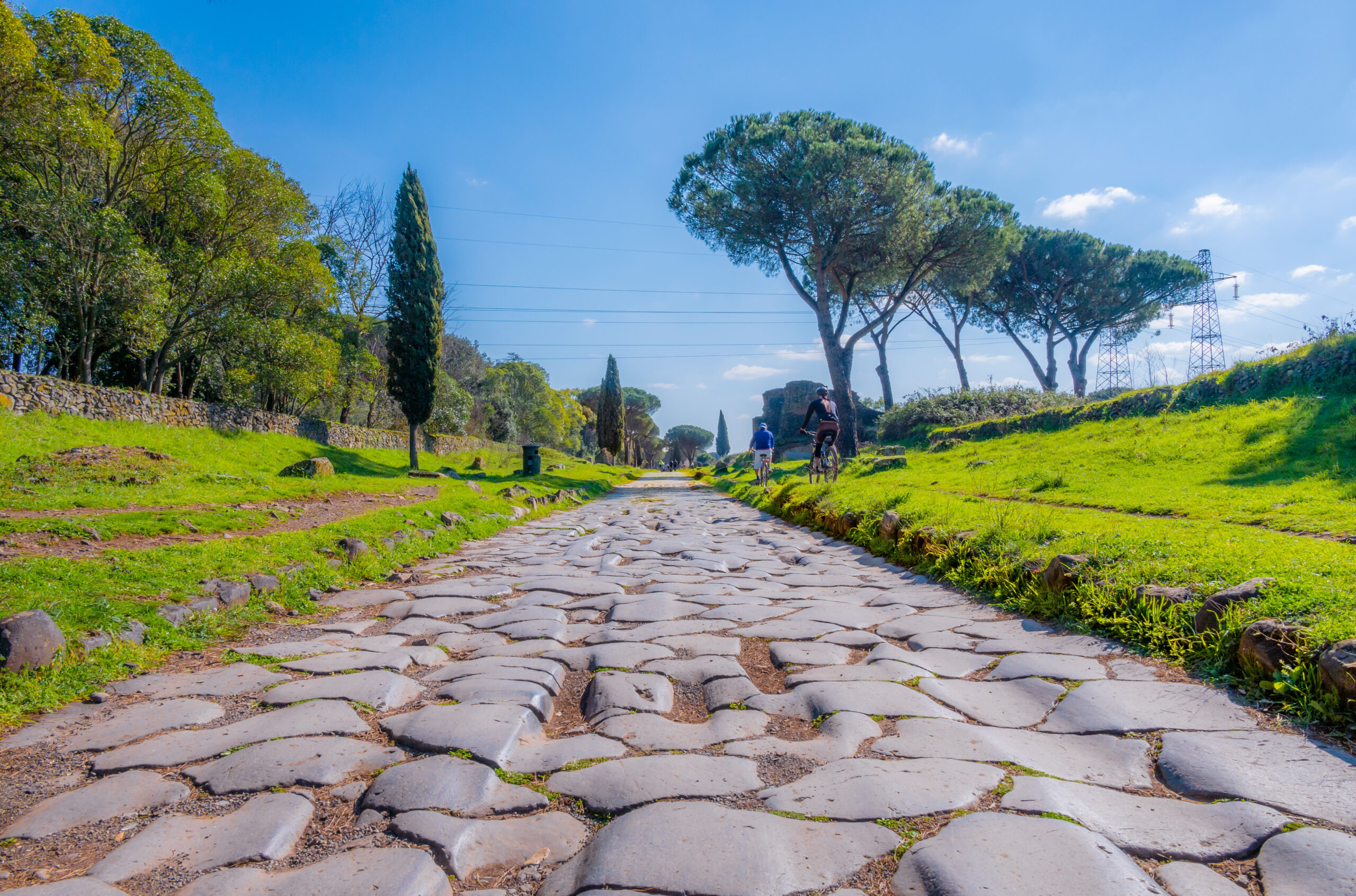 View of the worn cobbles and beautiful old trees of the Appian Way in Rome