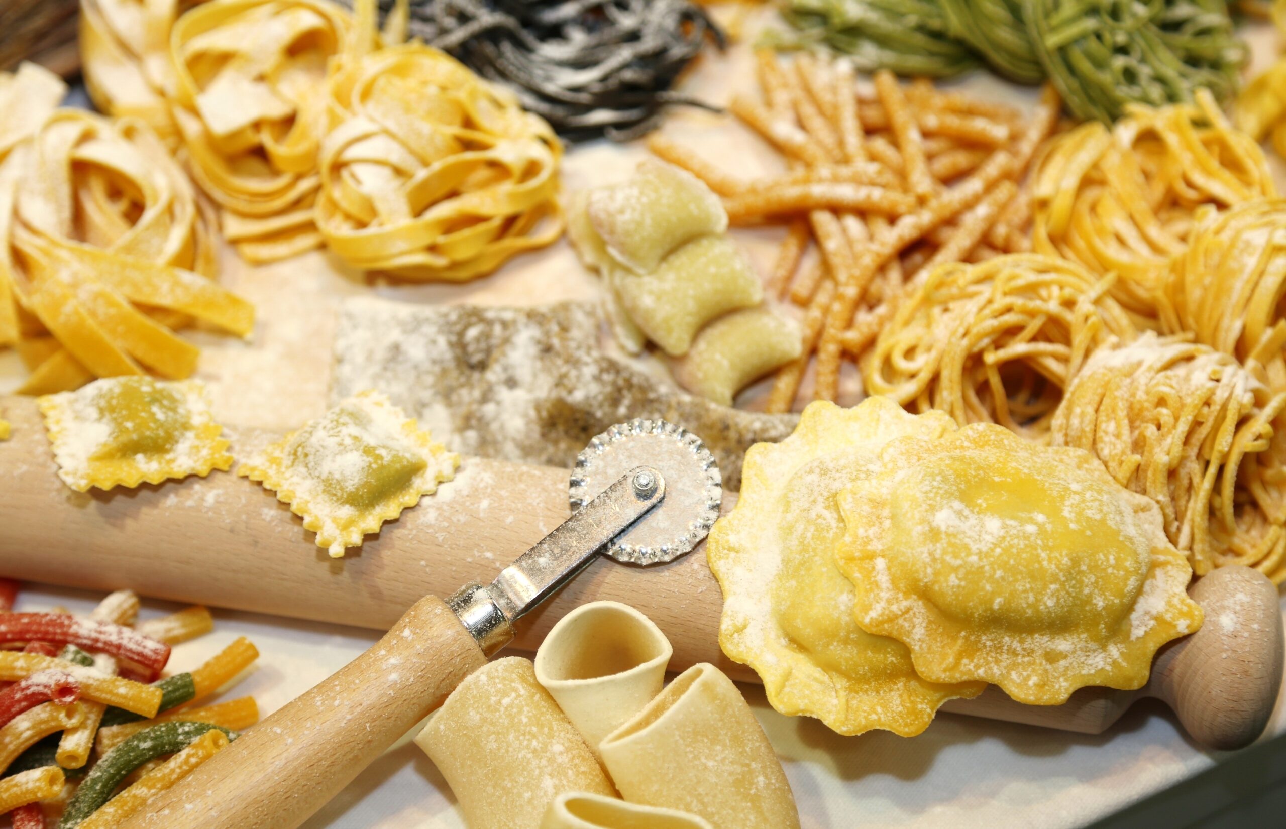Beautiful handmade pasta on a workbench