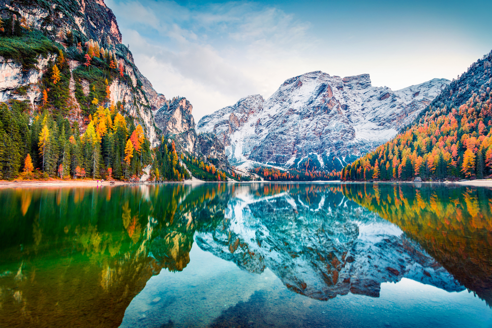 Colorful autumn landscape in Italian Alps, Naturpark Fanes-Sennes-Prags, Dolomite, Italy, Europe. 