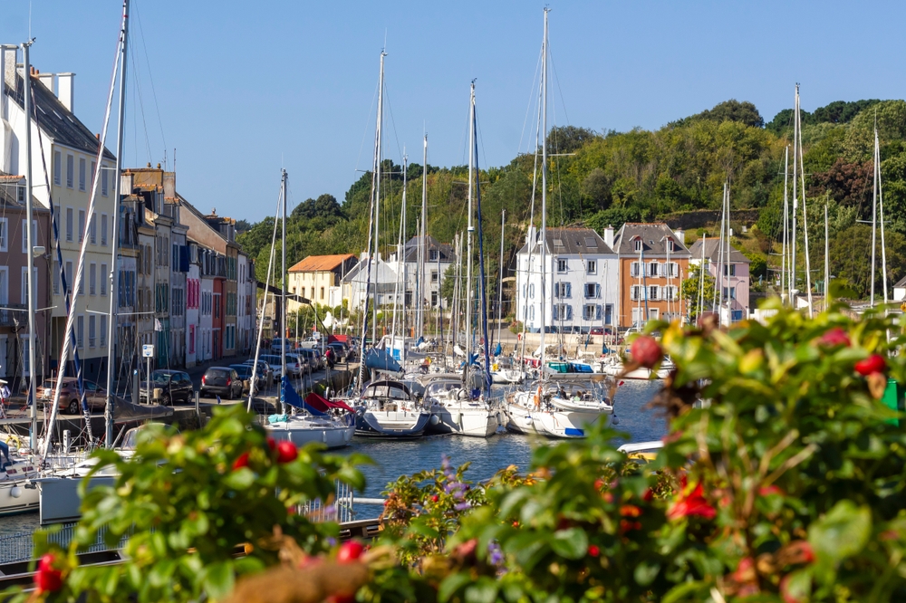 Beautiful view at the picturesque marina harbor in the town center of Le Palais in the Brittany island Belle-Ile-En-Mer. One of the places to visit in northern france.  