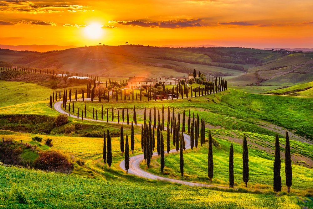 Amazing view from Tuscany, Italy. You can see a road lined wth trees leading to a village. The article is about things to do in Tuscany.