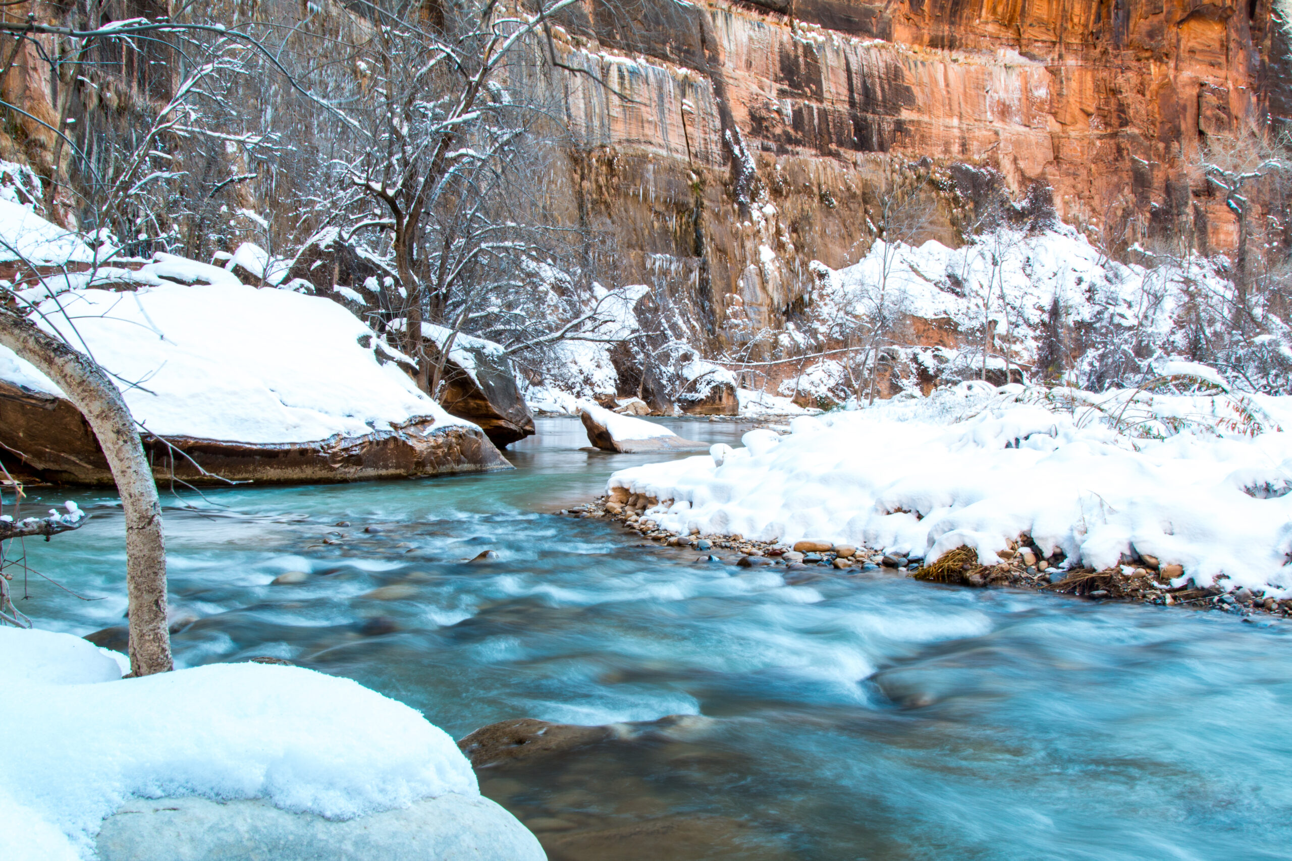 View of a beautiful blue stream winding through snow and red rocks in Zion National Park in the winter