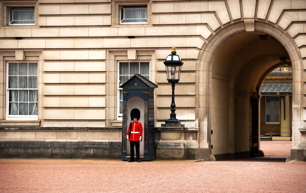 a guard on duty at Buckingham palace inside the gates