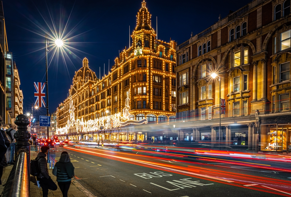The Harrods department store decorated for Christmas with lights and outdoor decor