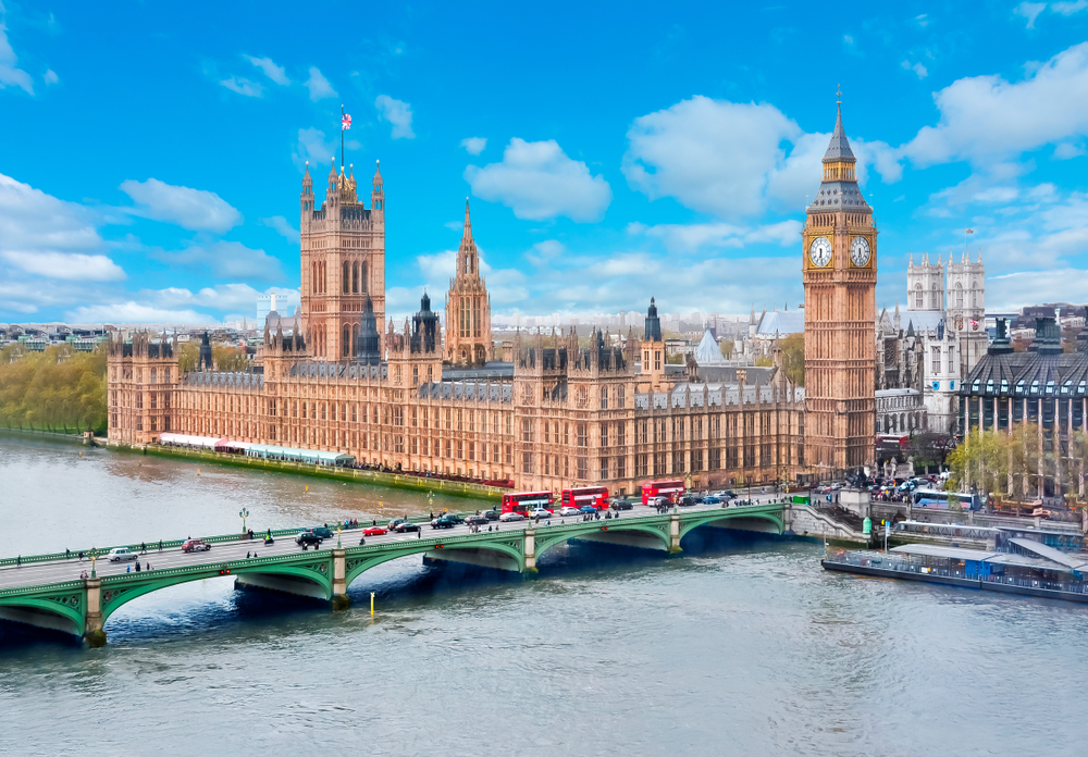 Thee iconic skyline of London with Big Ben and West Minister Abby