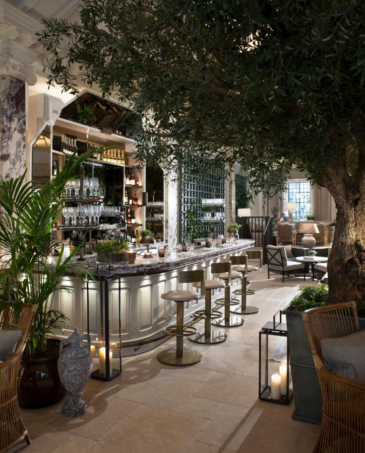 Thr Fitz lobby inside the Kimpton hotel is decorated with lush trees surrounding an opulent bar