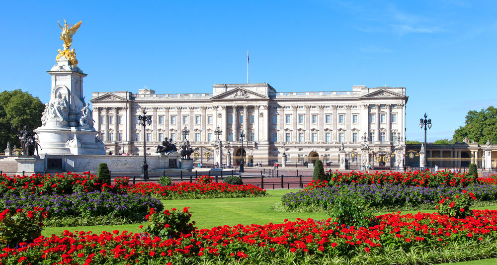 Buckingham palace surrounded by Flowers