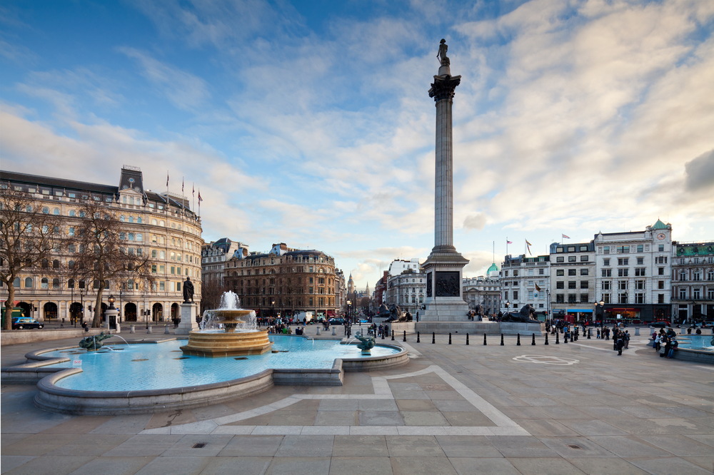 the public pedestrian only square of Trafalgar Square  with fountains, and statues overlooking National Gallery