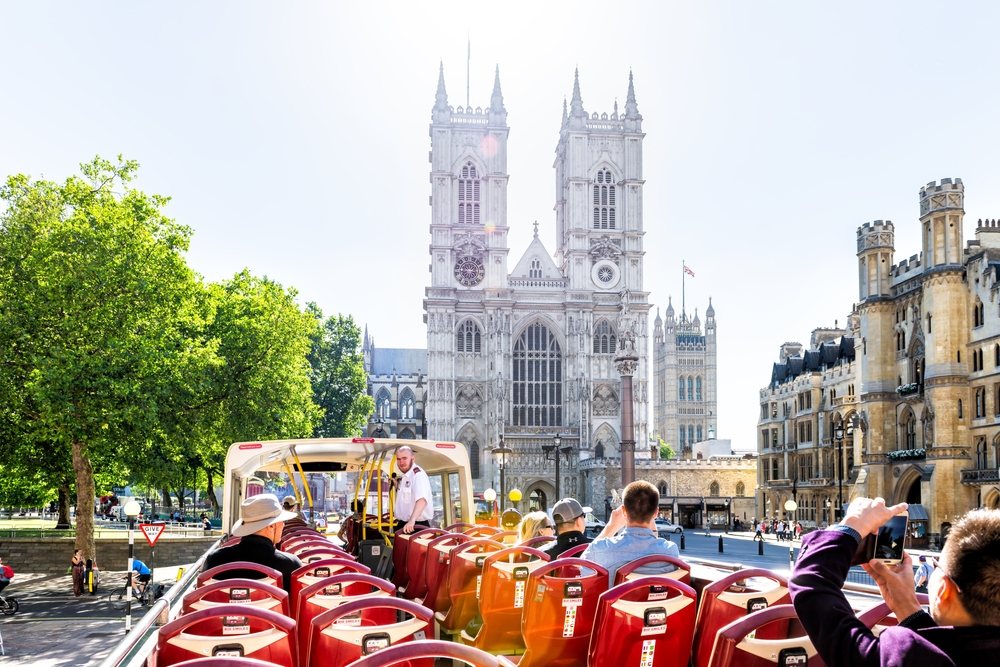 A view from the upper deck off a sightseeing bus with St. James Cathedral 