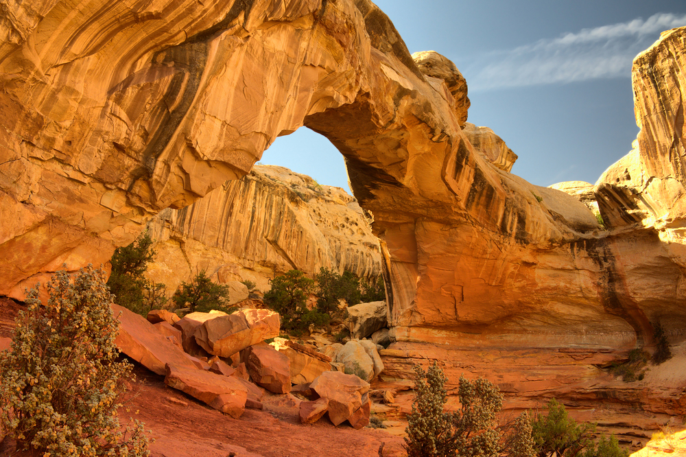 Rugged Hickman Bridge rock arch in Capitol Reef National Park.