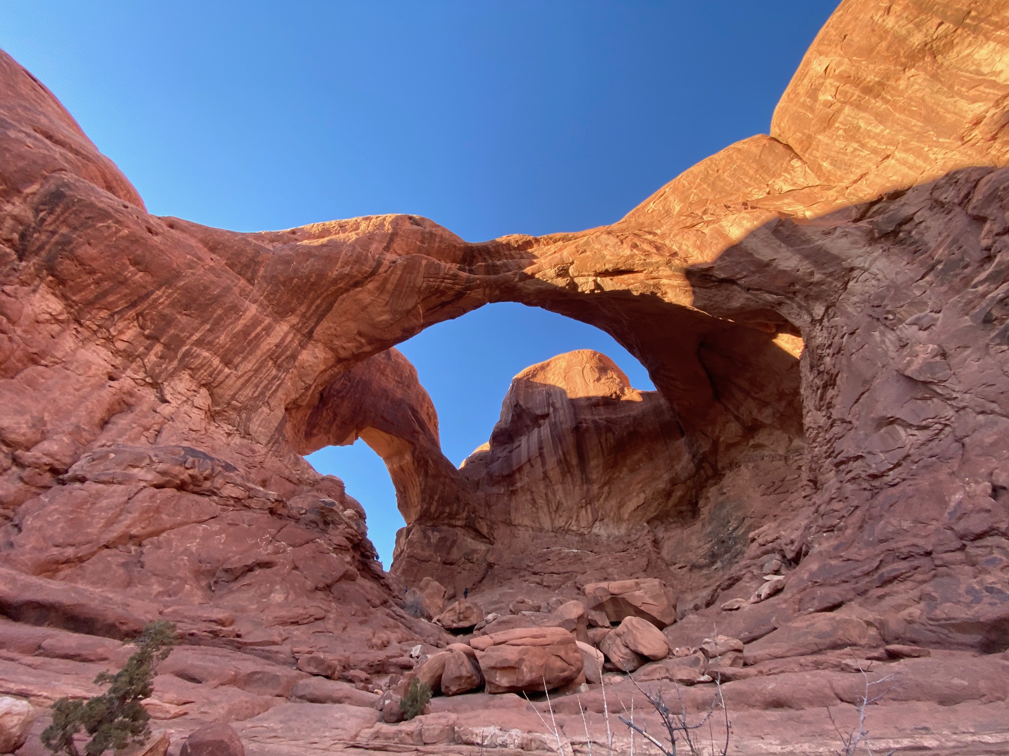 View of Double Arch formation in Arches National Park during a Utah road trip.