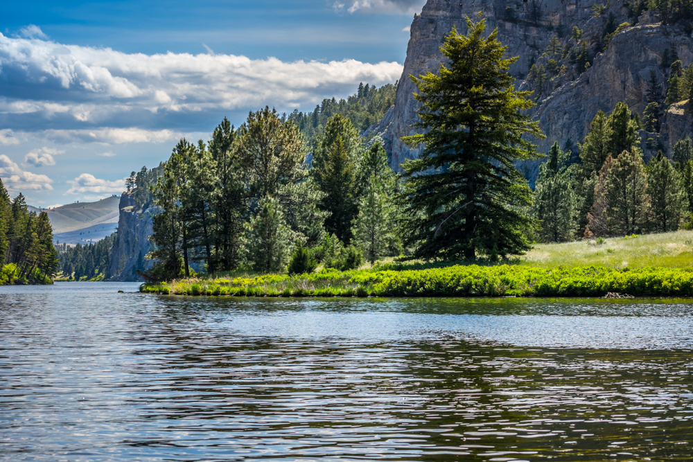 Missouri River at the Gates of the Mountains with trees and looming cliffs.