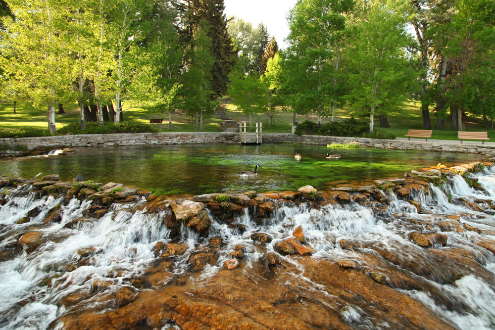 Pretty, short waterfall at the green and tree-filled Giant Springs State Park.