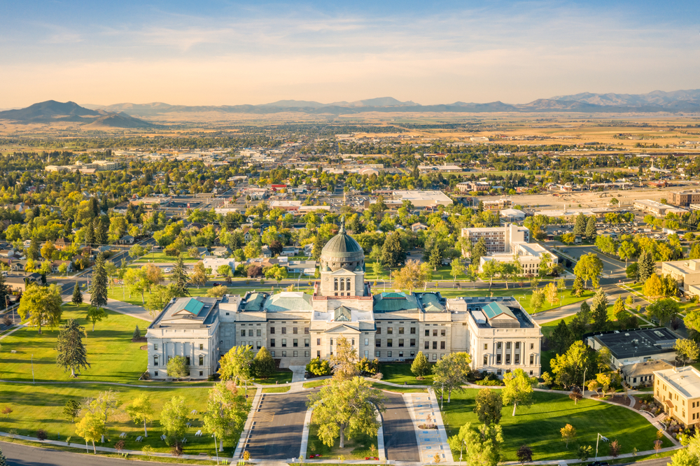 Aerial image of the Montana State Capitol building at golden hour.