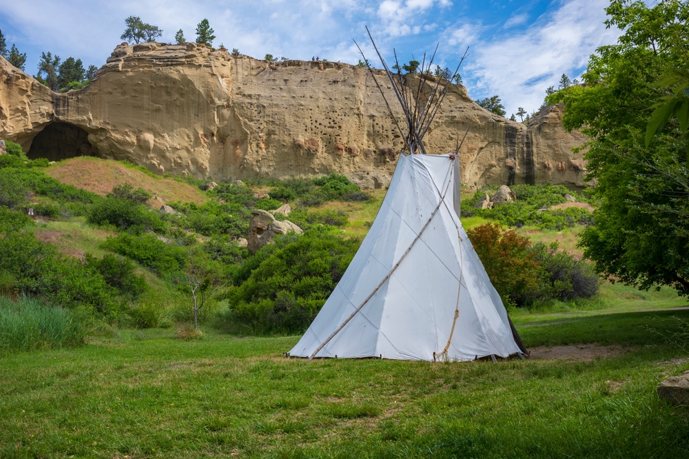 A teepee near cliffs in Pictograph Cave State Park near Billings, Montana.