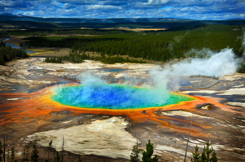 Colorful and steaming Grand Prismatic Pool at Yellowstone National Park.