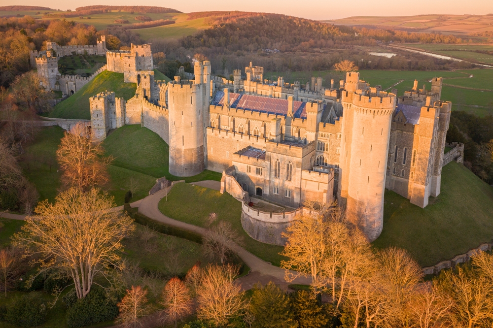 Side View of Arundel Castle, Arundel, West Sussex, England, United Kingdom. Bird Eye View. Beautiful Sunset Light