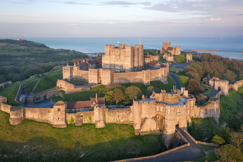Aerial view to Dover castle at sunset. One of the castles near London. She can see the castle on the hill surrounded by the walls. 
