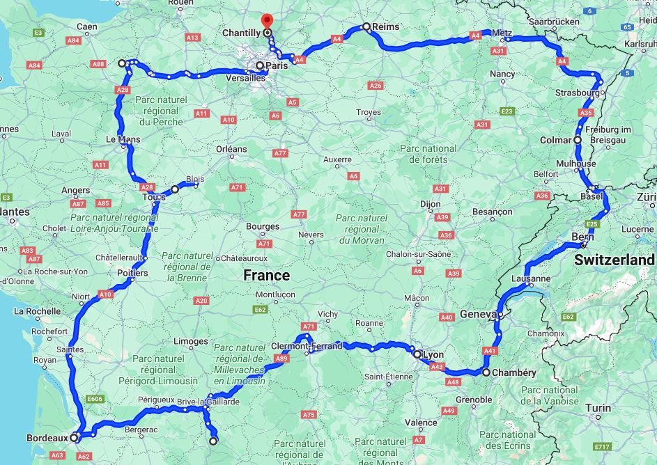 a map of a roadtrip itinerary of france with 11 stops around the country