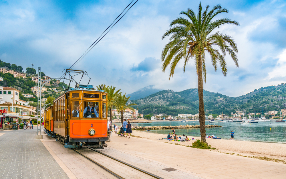 a tram is running alongside a beach that has palm trees and people lounging in the sand near the water 