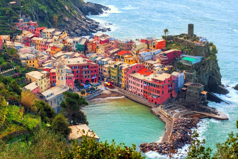 Vernazza in Cinque Terre, Italy, view from mountain trekking path. One of the things to do in Cinque Terre. 