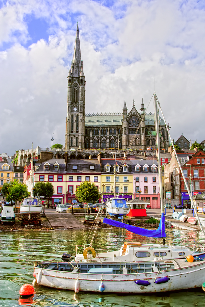 Cobh town and St. Colman's Neo-Gothic cathedral in Ireland, Cork County