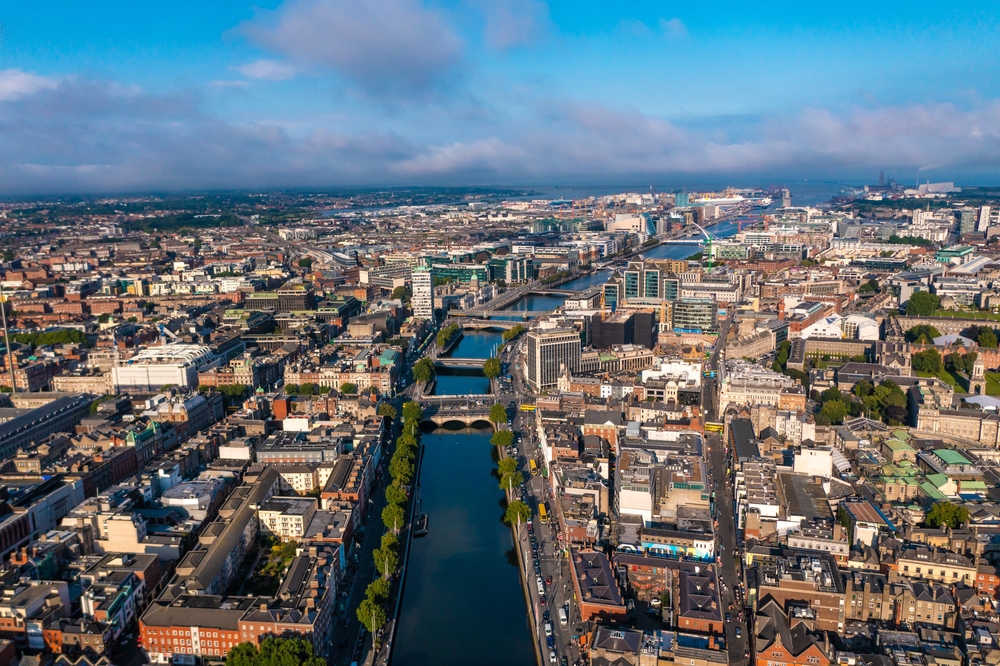 Aerial shot of the river flowing through Dublin, Ireland.