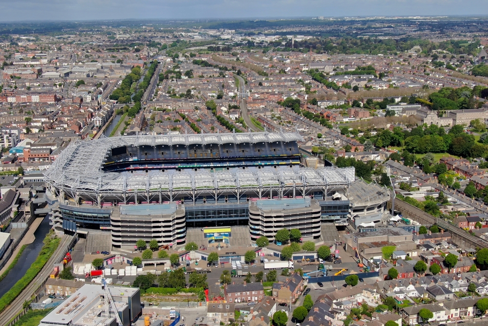 Aerial photo of the Croke Park stadium in Dublin next to a canal.