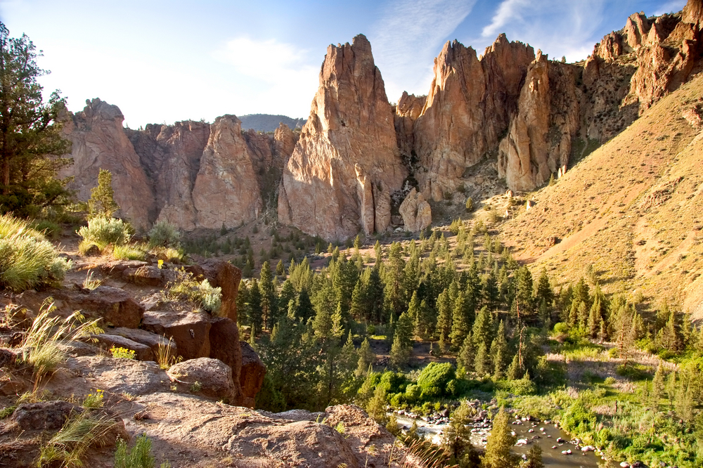 Sunny day over Smith Rock State Park with rugged rocks and a forest below.