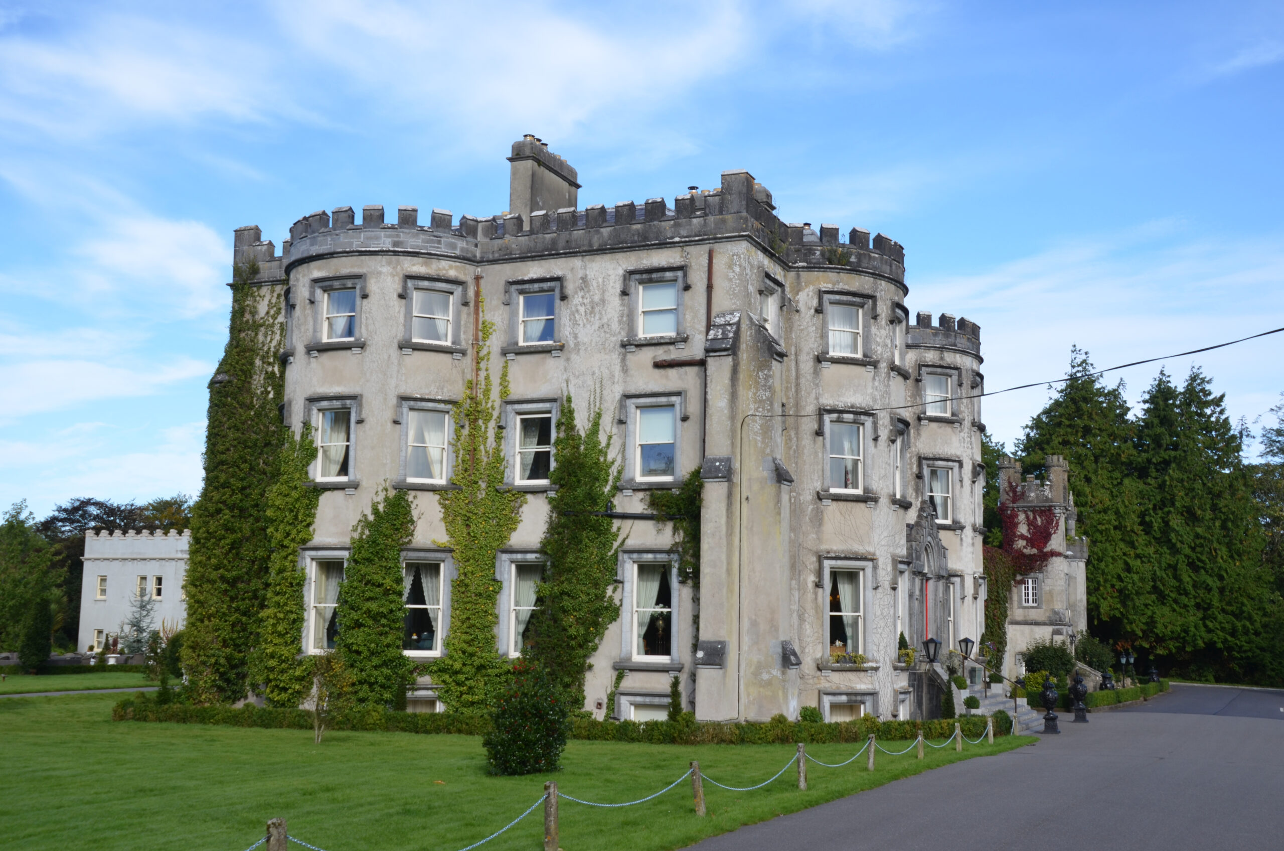 View of the romatic and Ivy covered Ballyseede Castle Hotel. This castle is smaller than many others on our list and has a cozy vibe. 