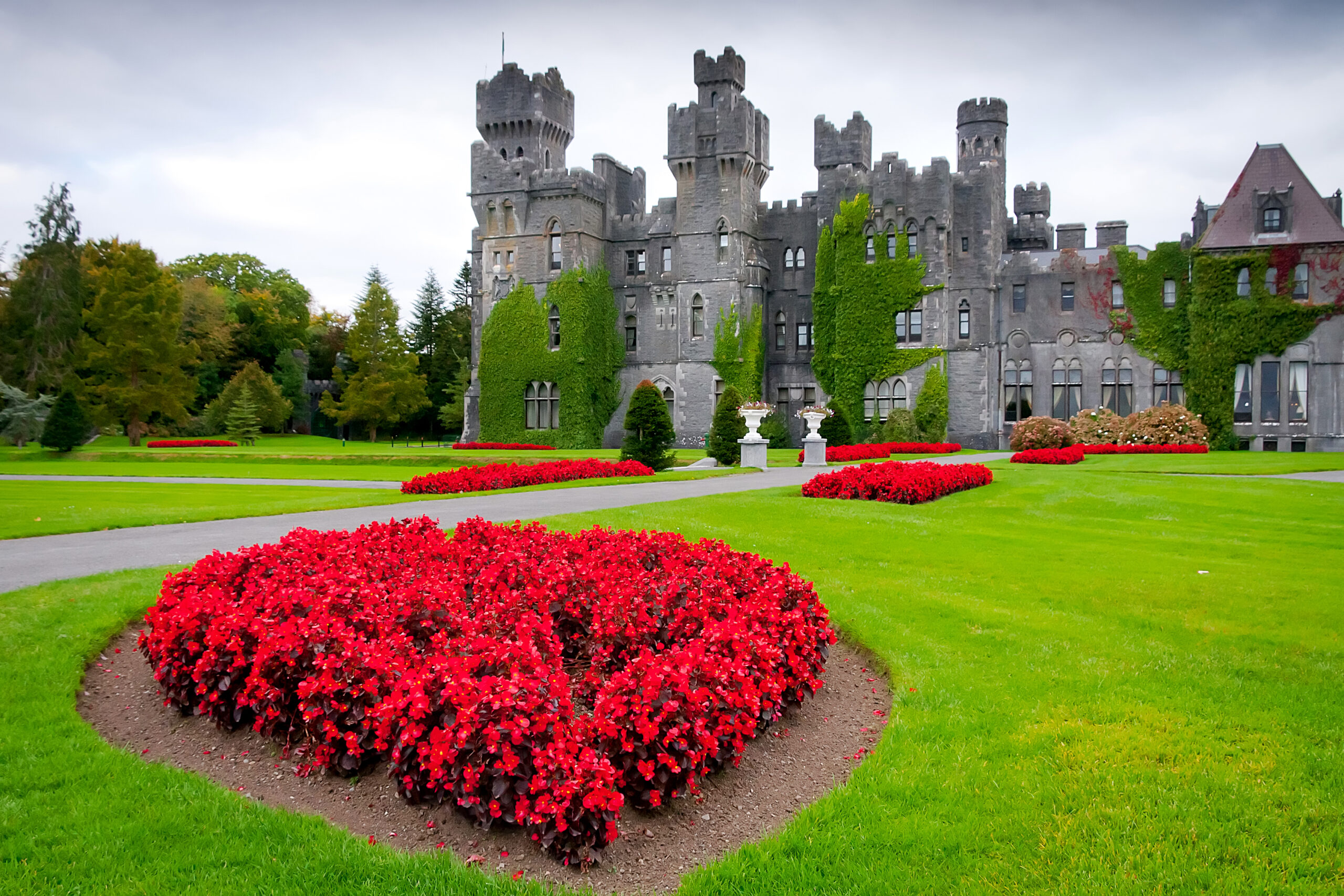 View of striking landscaping in front of an ivy colored grey castle with many square and round gothic turrets. 