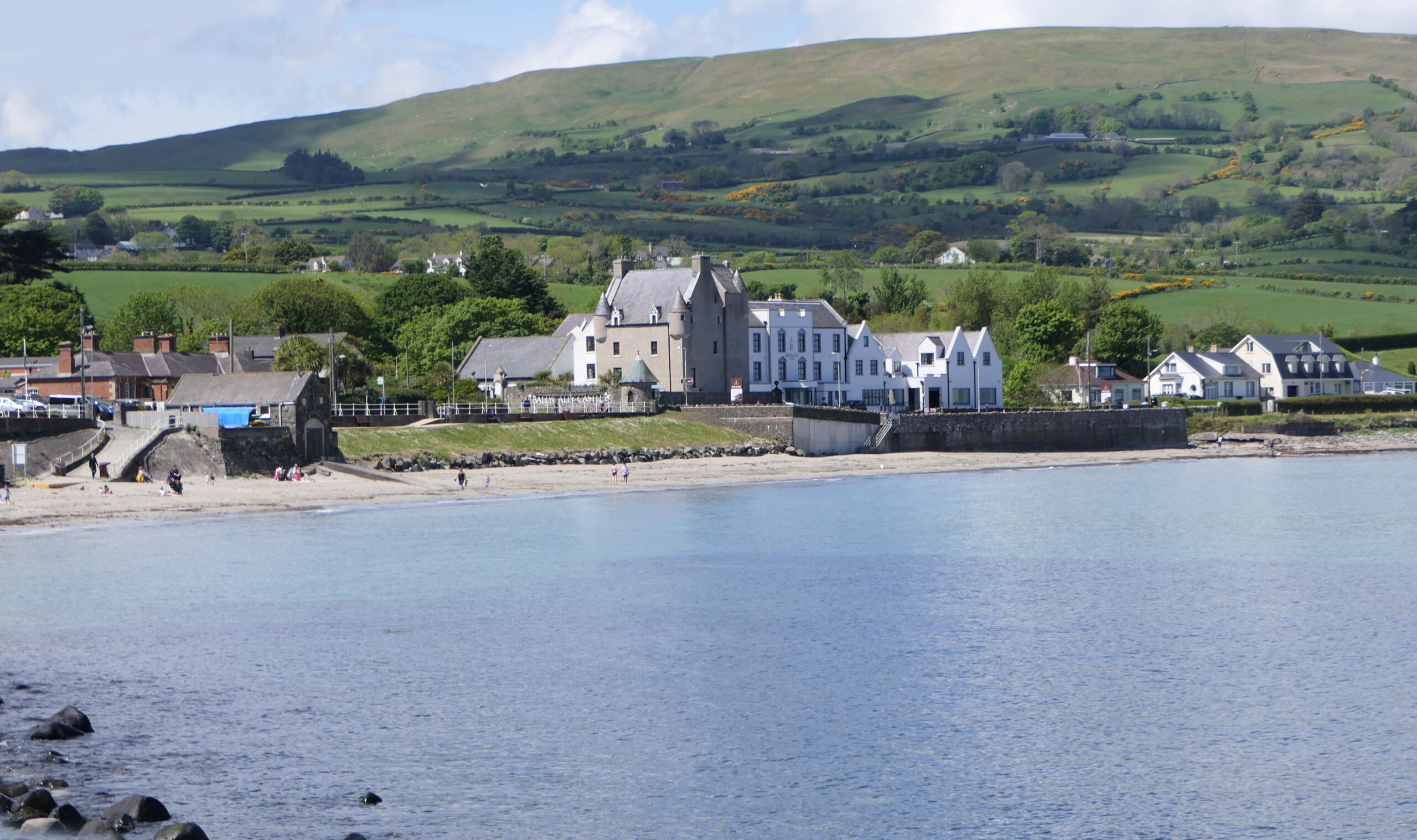 View of Ballygally Castle Hotel from the Antrim coast,  showing just how close this castle is to the waterfront. 