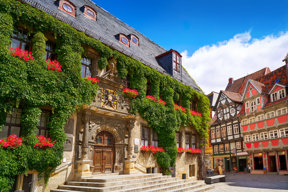 Rathaus Quedlinburg facade house covered in Ivy with houses in the background. 