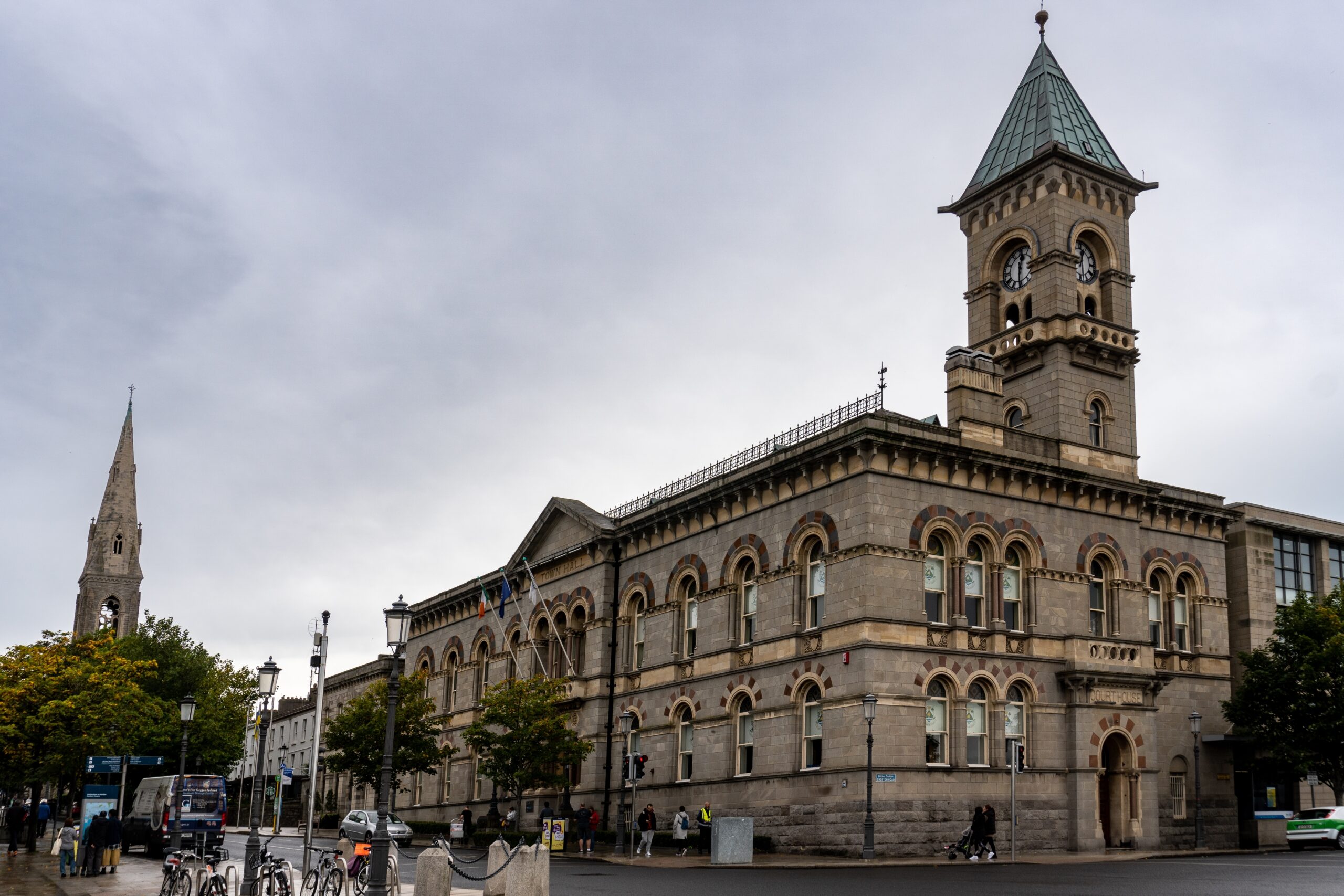 View of the clock tower and art deco inspired downtown of Dún Laoghaire