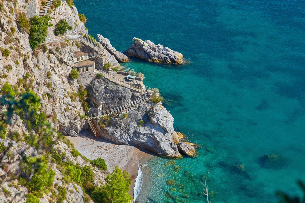 You can see the stairs that lead down to the beach on the Amalfi Coast